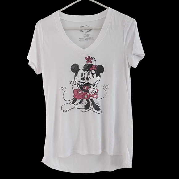 Disney‎ Women's M White V-Neck T-Shirt Mickey Minnie Mouse Graphic Short Sleeve - Picture 2 of 13